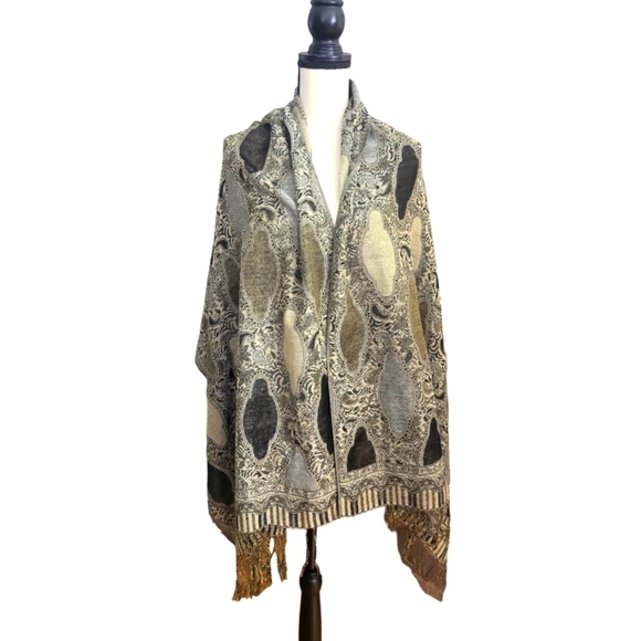 pashmina Accessories - Pashmina Black & Sage Unique Paisley Print Fringed Cashmere & Silk Scarf Wrap